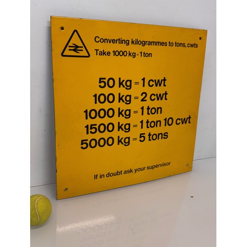 45 - Railway enamel sign, weights conversion, 45 cm x 45 cm.

This lot is available for in-house shipping