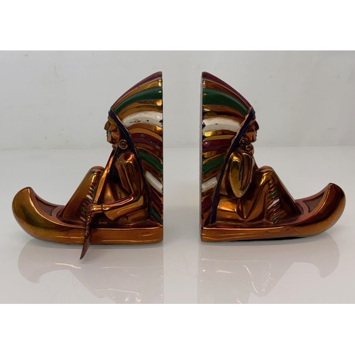 47 - Art Deco North American Indian book ends by Ronson all Metal Art Wares with lustre enamelled finish.... 