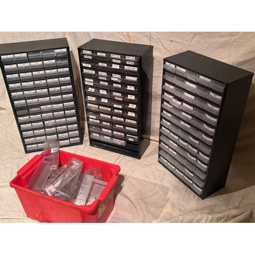 155 - Scientific, workshop equipment, electronics components, three storage cabinets, two with components ... 