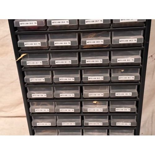 156 - Scientific, workshop equipment, electronics components, three storage cabinets, with components insi... 