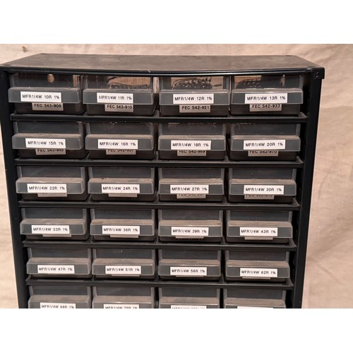 156 - Scientific, workshop equipment, electronics components, three storage cabinets, with components insi... 