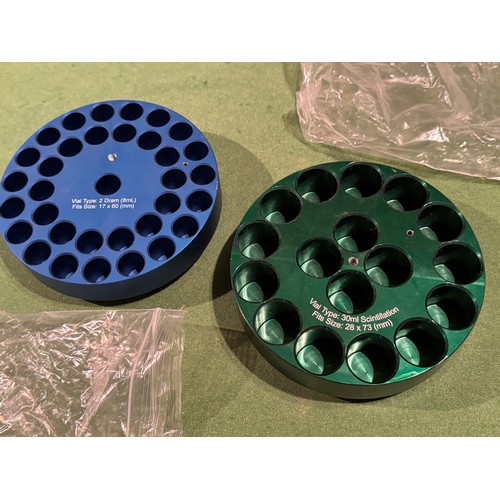 159 - Scientific, workshop equipment, tools, two anodised aluminium reaction blocks. 16 cm in diameter.

T... 