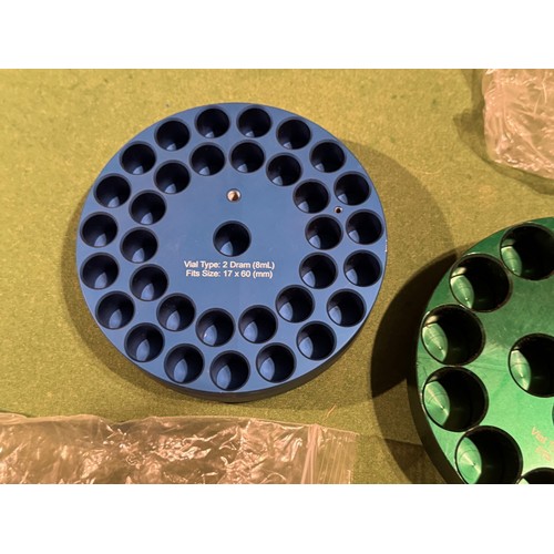 159 - Scientific, workshop equipment, tools, two anodised aluminium reaction blocks. 16 cm in diameter.

T... 