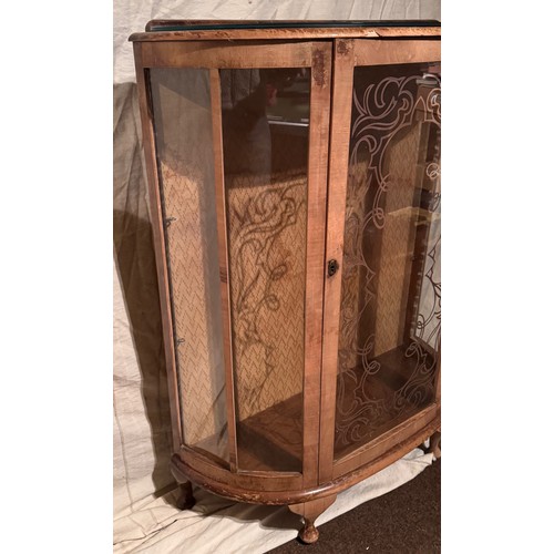 166 - Art Deco furniture, bow fronted glass display cabinet with two glass shelves, shown on top of the un... 