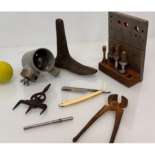 319 - Mixed metal wares and tools, Scientific workshop lamp unit marked for Pye Unicam Cambridge, shoe las... 