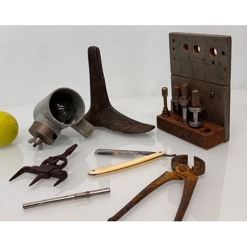 319 - Mixed metal wares and tools, Scientific workshop lamp unit marked for Pye Unicam Cambridge, shoe las... 