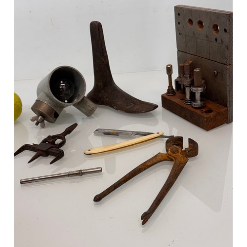 319 - Mixed metal wares and tools, Scientific workshop lamp unit marked for Pye Unicam Cambridge, shoe las... 