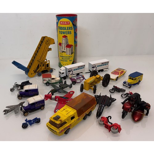 294 - Diecast toys Budgie, Corgi, Dinky, Matchbox,  also a Merit construction toy and cast lead motorcycle... 