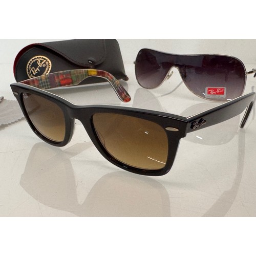 344 - Vintage Wayfarer Sunglasses, two pairs of cased Ray Bans and a pair marked with the Ferrari motor ca... 