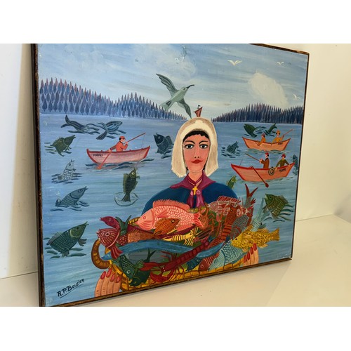 75 - Mid century art, a naive folk art study titled La Poissoniere by Roger Boissier, active on Cote D'Az... 