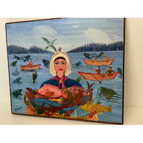 75 - Mid century art, a naive folk art study titled La Poissoniere by Roger Boissier, active on Cote D'Az... 