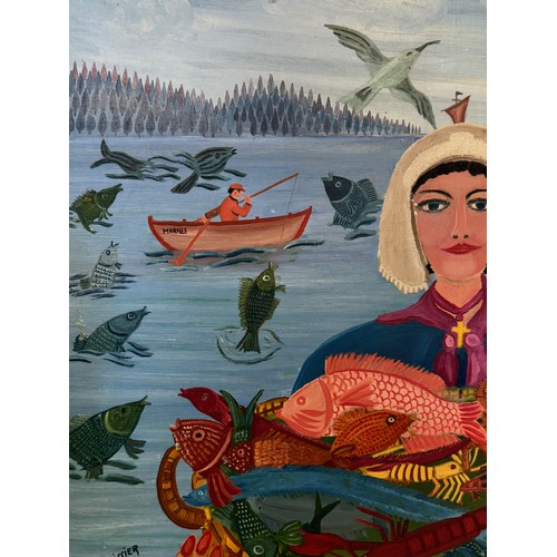 75 - Mid century art, a naive folk art study titled La Poissoniere by Roger Boissier, active on Cote D'Az... 