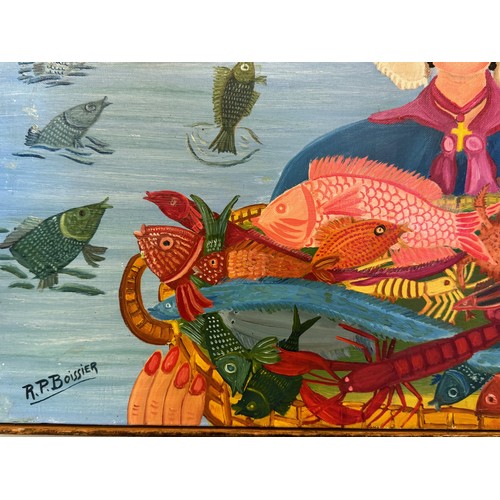 75 - Mid century art, a naive folk art study titled La Poissoniere by Roger Boissier, active on Cote D'Az... 