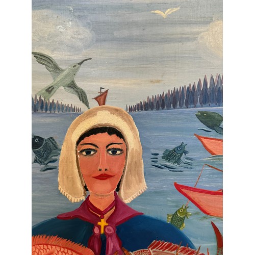 75 - Mid century art, a naive folk art study titled La Poissoniere by Roger Boissier, active on Cote D'Az... 