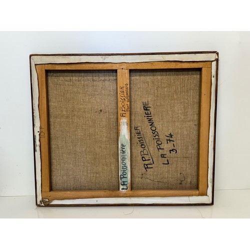 75 - Mid century art, a naive folk art study titled La Poissoniere by Roger Boissier, active on Cote D'Az... 