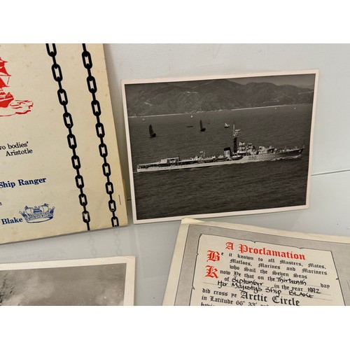 357 - Maritime ephemera, a collection of large press photographs and items relating to HMS Blake, and a al... 