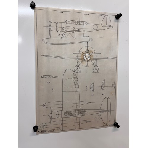 425 - Military aircraft 2 plans for a Japanese Watanabe Jake II, 40 cm x 28 cm. Part of a large collection... 