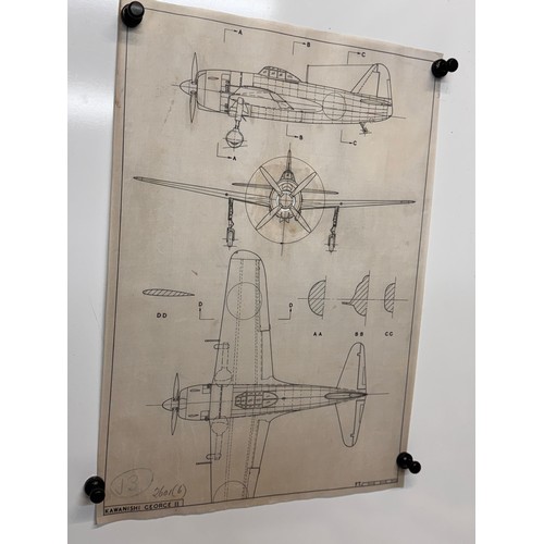 426 - Military aircraft 2 plans for a Japanese Kawanishi George II, 40 cm x 28 cm. Part of a large collect... 