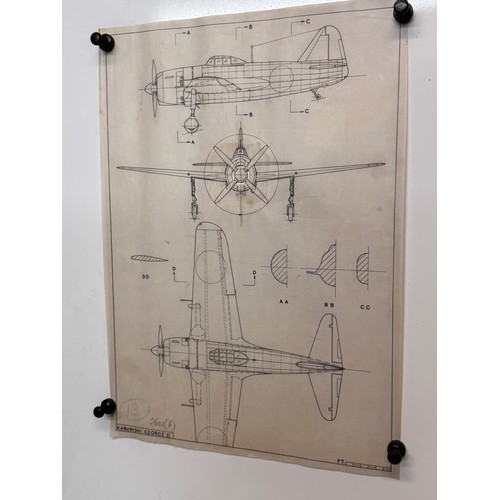 426 - Military aircraft 2 plans for a Japanese Kawanishi George II, 40 cm x 28 cm. Part of a large collect... 