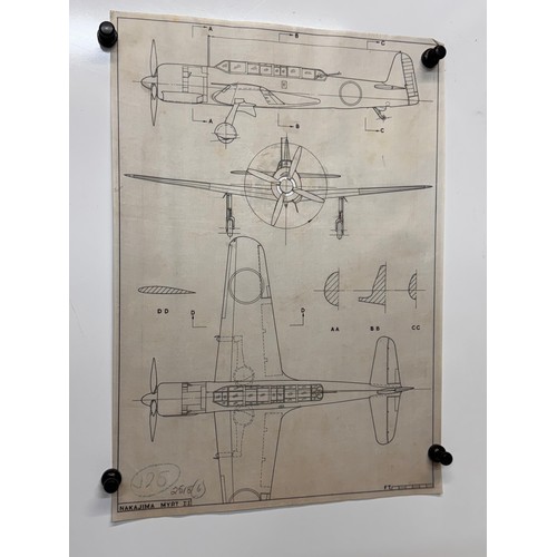 431 - Military aircraft 2 plans for a Japanese Nakajima Myrt II, 40 cm x 28 cm. Part of a large collection... 