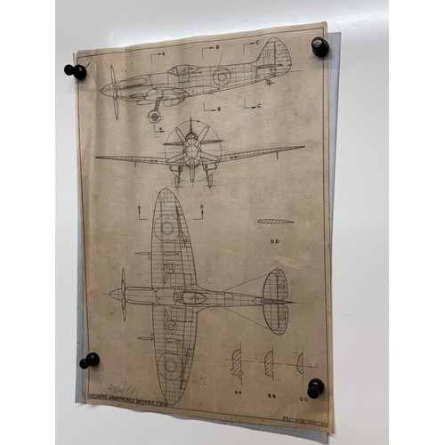 436 - Military aircraft 2 plans for a Vickers Armstrong Spitfire F XIV, 40 cm x 28 cm. Part of a large col... 