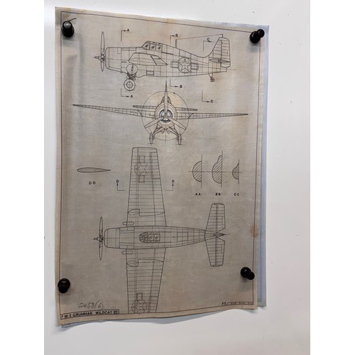 447 - Military aircraft 2 plans for a FM 2 Grumman Wildcat VI, 40 cm x 28 cm. Part of a large collection o... 