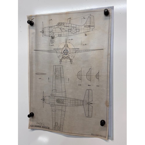 447 - Military aircraft 2 plans for a FM 2 Grumman Wildcat VI, 40 cm x 28 cm. Part of a large collection o... 