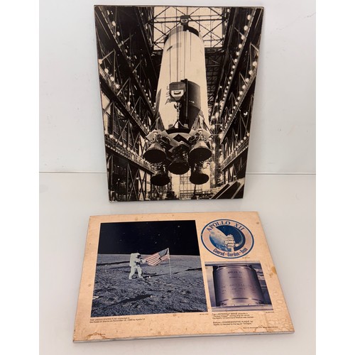 16 - Apollo moon landing exhibition photographs mounted on wooden panels, largest 38 cm tall.

This lot i... 