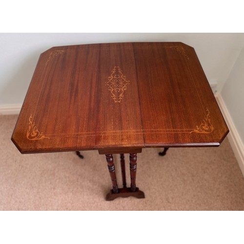 60 - Small drop leaf side table with inlaid decoration, the open top is 69 cm  x  59 cm and stands 50 cm ... 