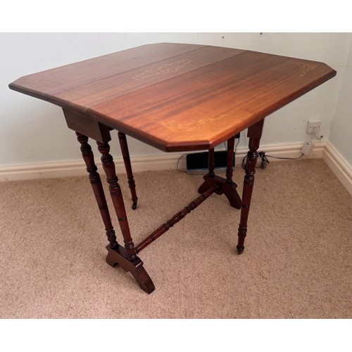 60 - Small drop leaf side table with inlaid decoration, the open top is 69 cm  x  59 cm and stands 50 cm ... 