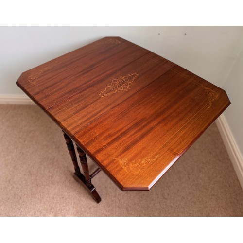 60 - Small drop leaf side table with inlaid decoration, the open top is 69 cm  x  59 cm and stands 50 cm ... 