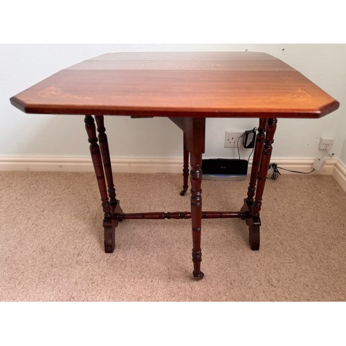 60 - Small drop leaf side table with inlaid decoration, the open top is 69 cm  x  59 cm and stands 50 cm ... 