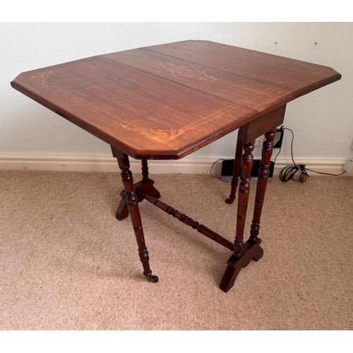 60 - Small drop leaf side table with inlaid decoration, the open top is 69 cm  x  59 cm and stands 50 cm ... 