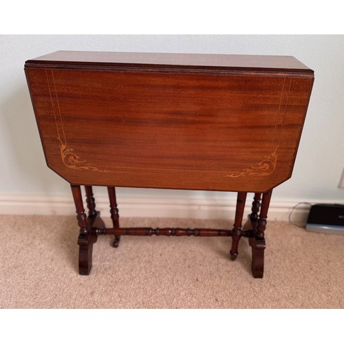 60 - Small drop leaf side table with inlaid decoration, the open top is 69 cm  x  59 cm and stands 50 cm ... 