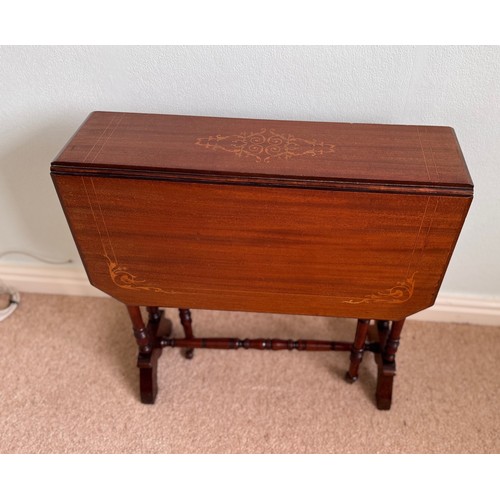 60 - Small drop leaf side table with inlaid decoration, the open top is 69 cm  x  59 cm and stands 50 cm ... 