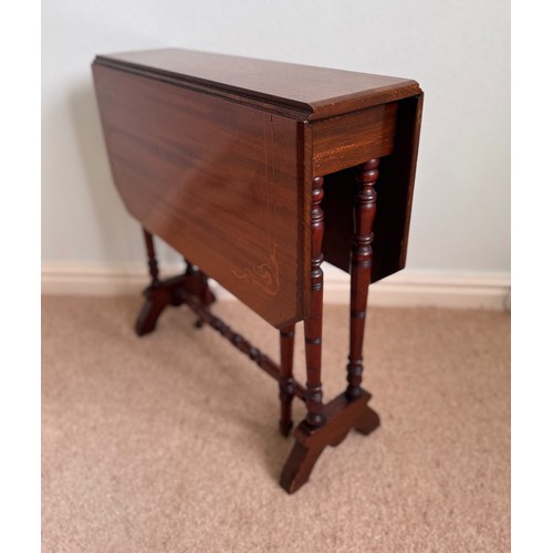 60 - Small drop leaf side table with inlaid decoration, the open top is 69 cm  x  59 cm and stands 50 cm ... 