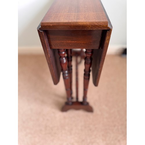 60 - Small drop leaf side table with inlaid decoration, the open top is 69 cm  x  59 cm and stands 50 cm ... 