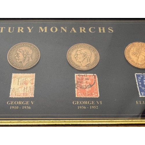 271 - Coins and Stamps, a commemorative framed group showning the English monarchs through the C20th centu... 