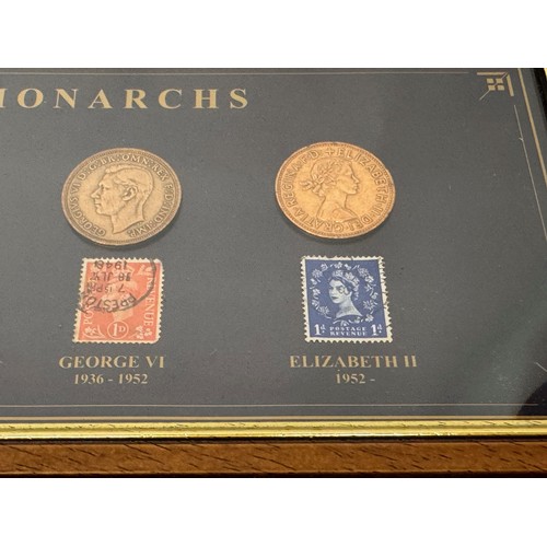 271 - Coins and Stamps, a commemorative framed group showning the English monarchs through the C20th centu... 