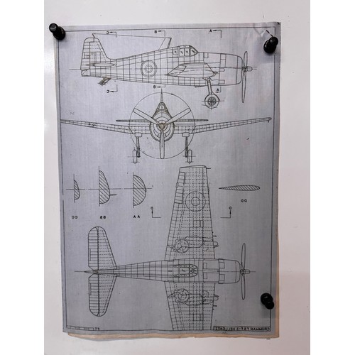 274 - Militaria, WWII aircraft plans on linen, 41 cm x 28.5 cm, Grumman F6 F-3 Hellcat I, 2 plans.

This l... 