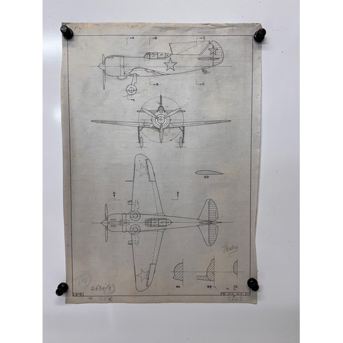 279 - Militaria, WWII aircraft plans on linen, 41 cm x 28.5 cm, LA-5.

This lot is available for in-house ... 