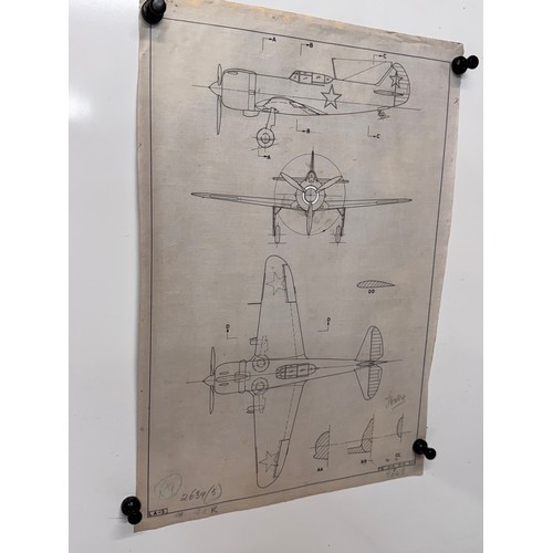 279 - Militaria, WWII aircraft plans on linen, 41 cm x 28.5 cm, LA-5.

This lot is available for in-house ... 