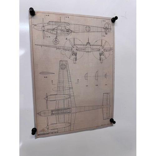 285 - Militaria, WWII aircraft plans on linen, 41 cm x 28.5 cm, Messerschmitt Me110 G, 2 plans.

This lot ... 