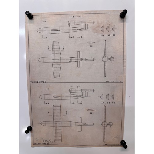 287 - Militaria, WWII aircraft plans on linen, 41 cm x 28.5 cm, V-1 Kivic type 2.

This lot is available f... 