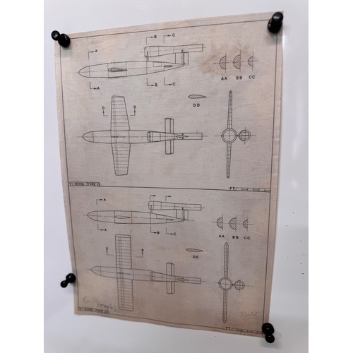 287 - Militaria, WWII aircraft plans on linen, 41 cm x 28.5 cm, V-1 Kivic type 2.

This lot is available f... 