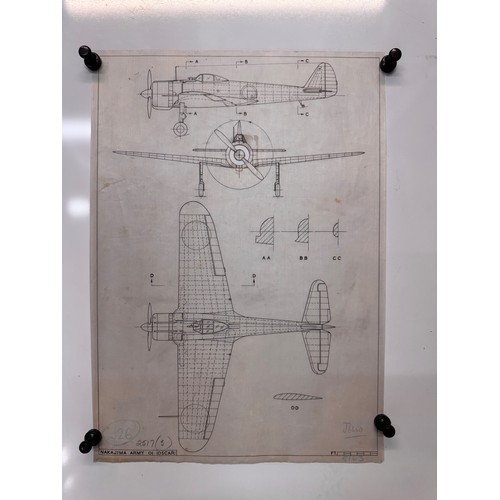 288 - Militaria, WWII aircraft plans on linen, 41 cm x 28.5 cm, Nakajima Army OI Oscar.

This lot is avail... 