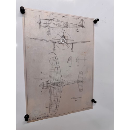 288 - Militaria, WWII aircraft plans on linen, 41 cm x 28.5 cm, Nakajima Army OI Oscar.

This lot is avail... 