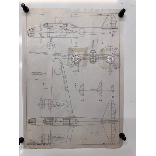 290 - Militaria, WWII aircraft plans on linen, 41 cm x 28.5 cm, Kawasaki Army 99 Lilly.

This lot is avail... 