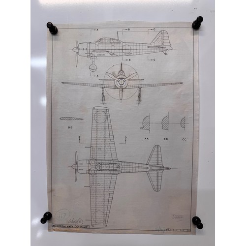 292 - Militaria, WWII aircraft plans on linen, 41 cm x 28.5 cm, Mitsubishi Navy OO Hamp.

This lot is avai... 