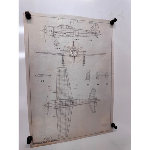 292 - Militaria, WWII aircraft plans on linen, 41 cm x 28.5 cm, Mitsubishi Navy OO Hamp.

This lot is avai... 